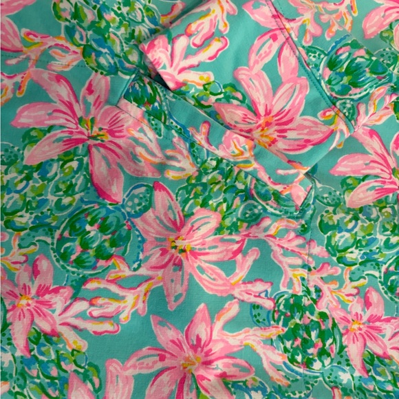 Lilly Pulitzer Quarter Zip- Pink & teal floral print with sea turtles. - Picture 8 of 12